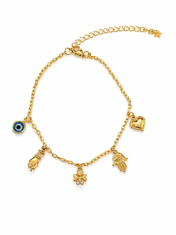 Pulseira mão de Fátima, figa e olho grego